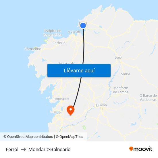 Ferrol to Mondariz-Balneario map