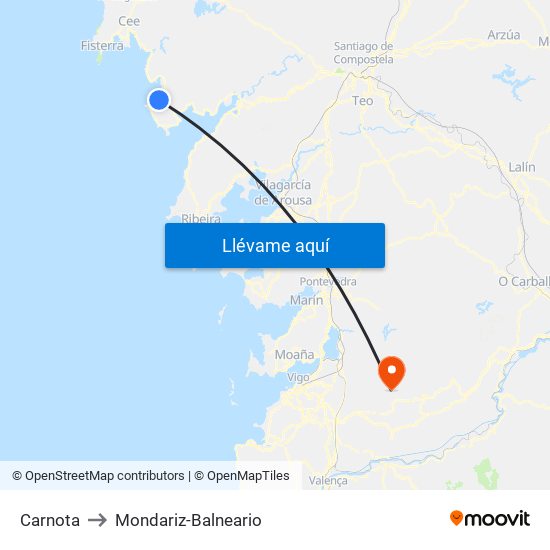 Carnota to Mondariz-Balneario map