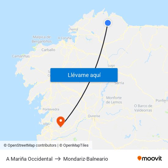 A Mariña Occidental to Mondariz-Balneario map