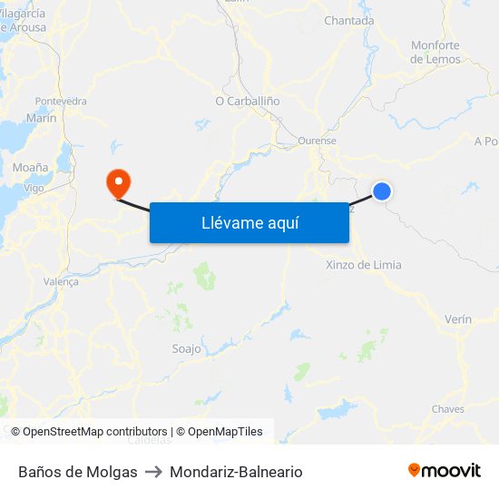 Baños de Molgas to Mondariz-Balneario map