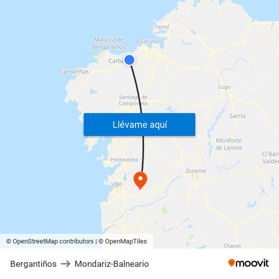 Bergantiños to Mondariz-Balneario map