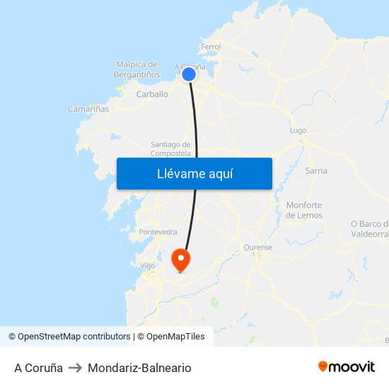 A Coruña to Mondariz-Balneario map