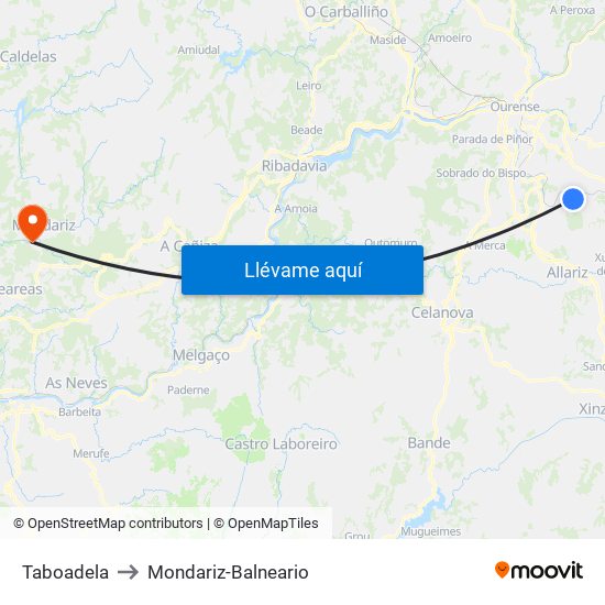 Taboadela to Mondariz-Balneario map