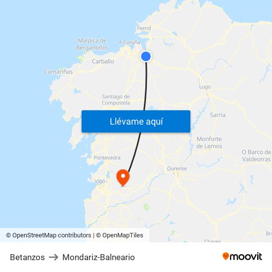 Betanzos to Mondariz-Balneario map
