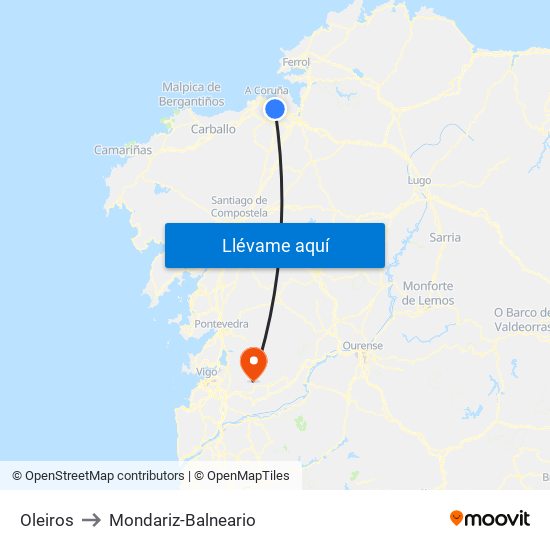 Oleiros to Mondariz-Balneario map