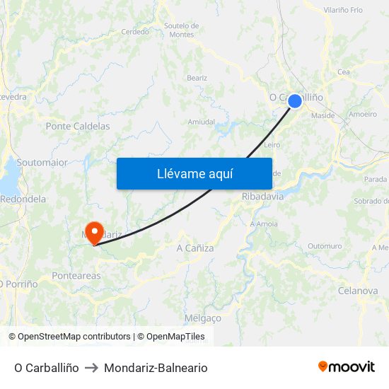 O Carballiño to Mondariz-Balneario map