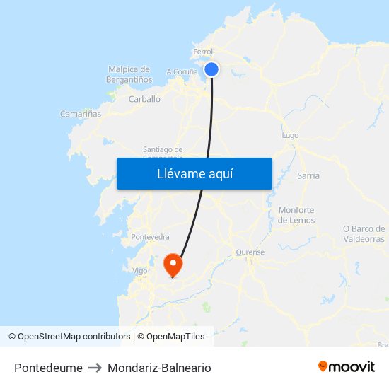 Pontedeume to Mondariz-Balneario map