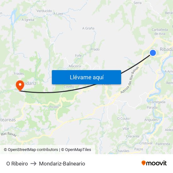 O Ribeiro to Mondariz-Balneario map