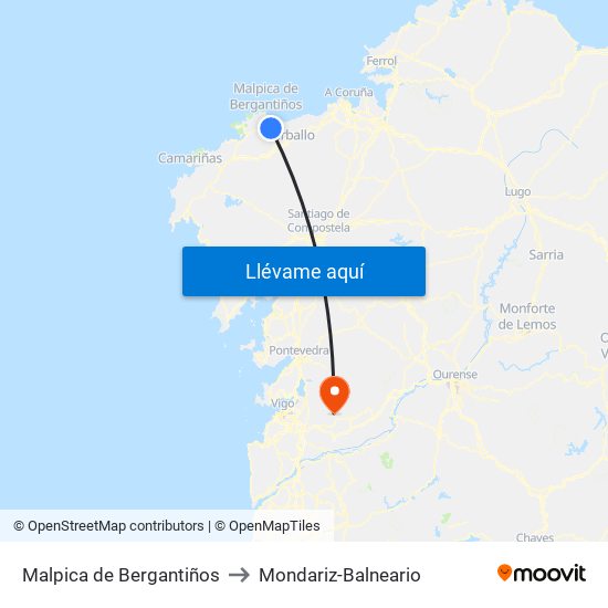 Malpica de Bergantiños to Mondariz-Balneario map