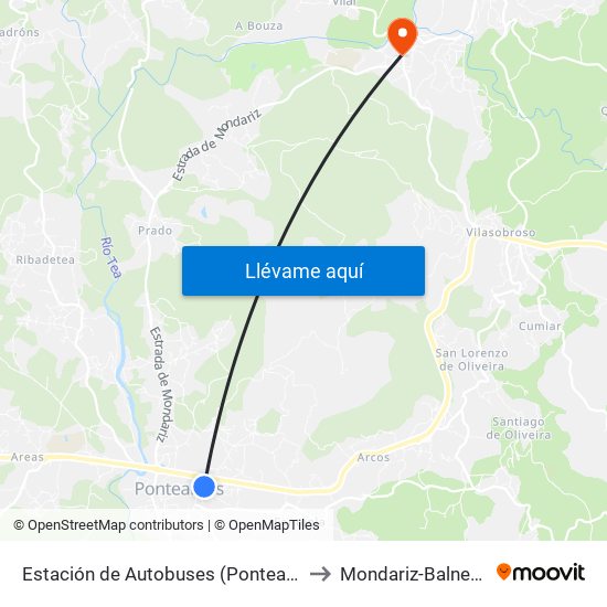 Estación de Autobuses (Ponteareas) to Mondariz-Balneario map