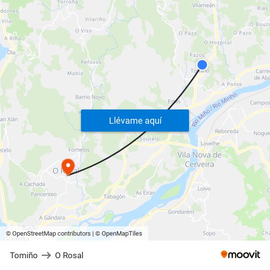 Tomiño to O Rosal map