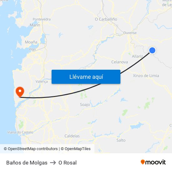 Baños de Molgas to O Rosal map