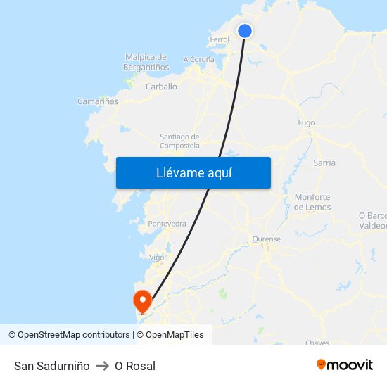 San Sadurniño to O Rosal map
