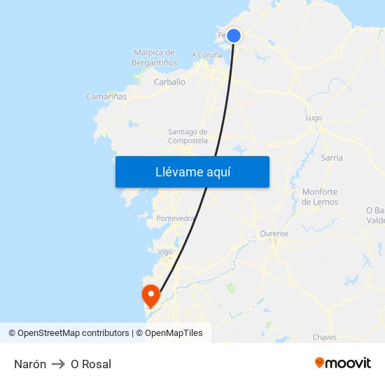Narón to O Rosal map