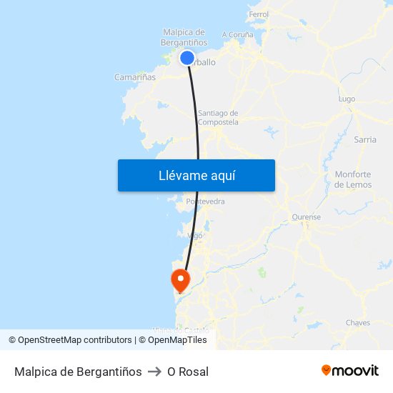 Malpica de Bergantiños to O Rosal map
