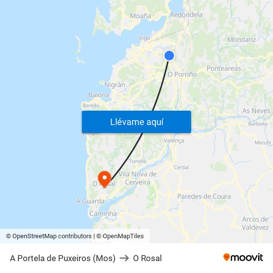 A Portela de Puxeiros (Mos) to O Rosal map