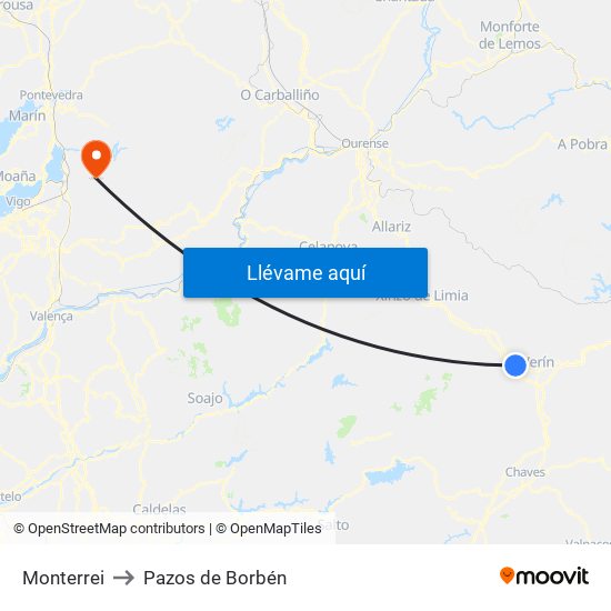 Monterrei to Pazos de Borbén map