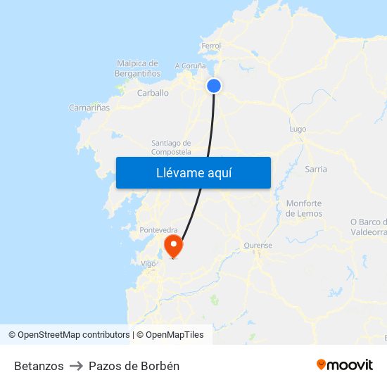 Betanzos to Pazos de Borbén map