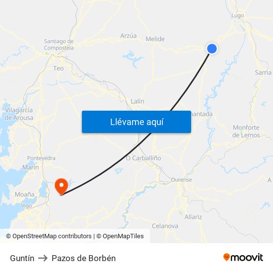 Guntín to Pazos de Borbén map