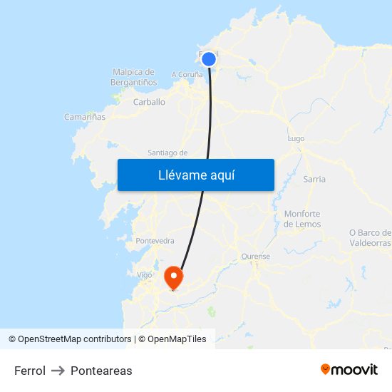 Ferrol to Ponteareas map