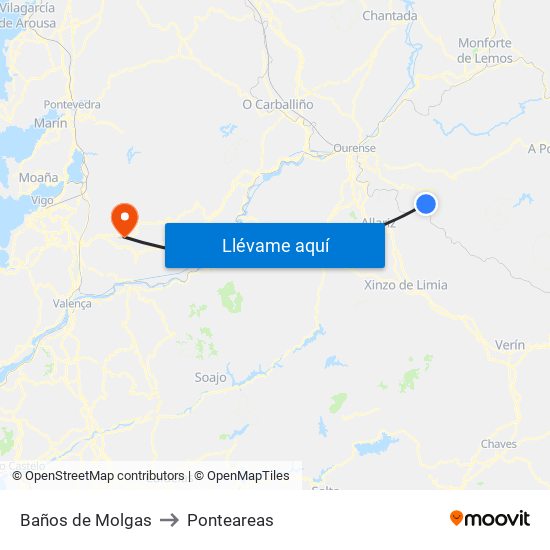 Baños de Molgas to Ponteareas map