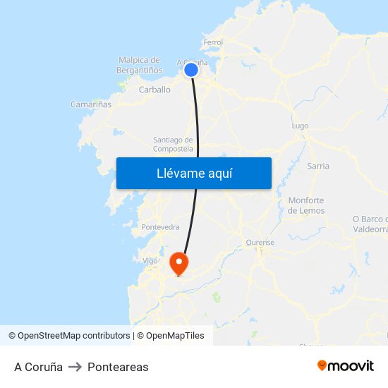 A Coruña to Ponteareas map