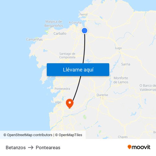 Betanzos to Ponteareas map