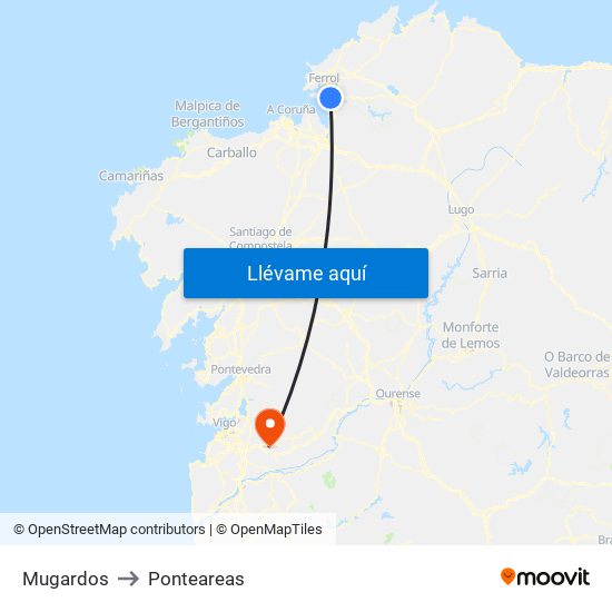 Mugardos to Ponteareas map