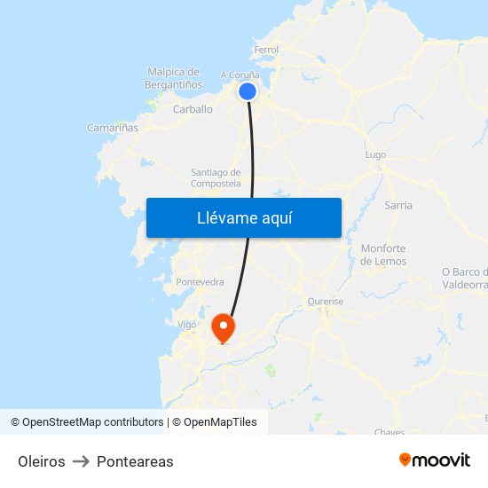 Oleiros to Ponteareas map