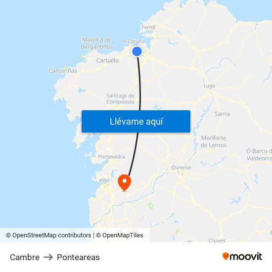 Cambre to Ponteareas map