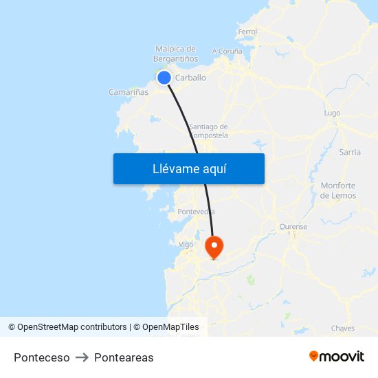 Ponteceso to Ponteareas map