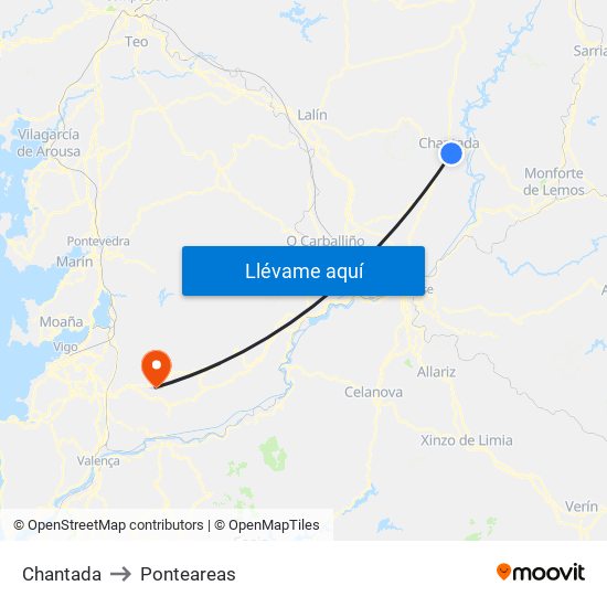 Chantada to Ponteareas map