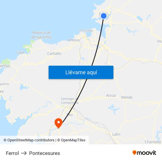 Ferrol to Pontecesures map