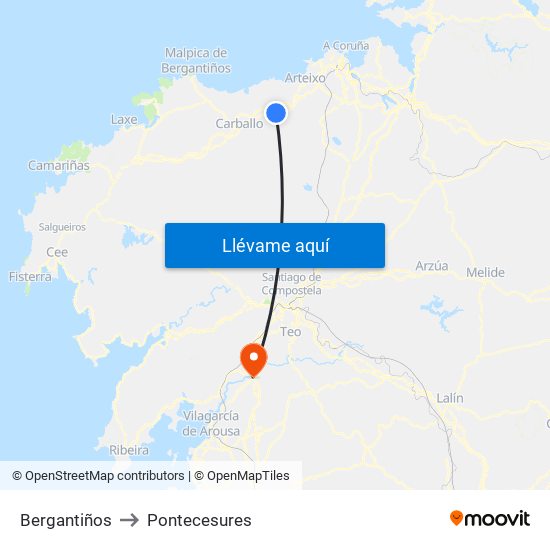 Bergantiños to Pontecesures map