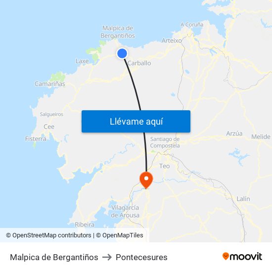 Malpica de Bergantiños to Pontecesures map