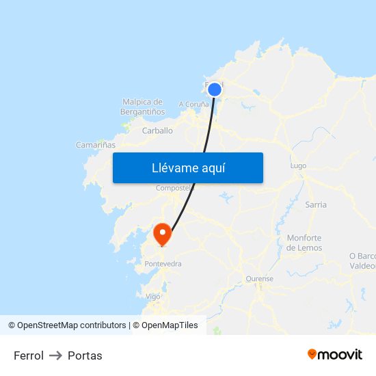 Ferrol to Portas map