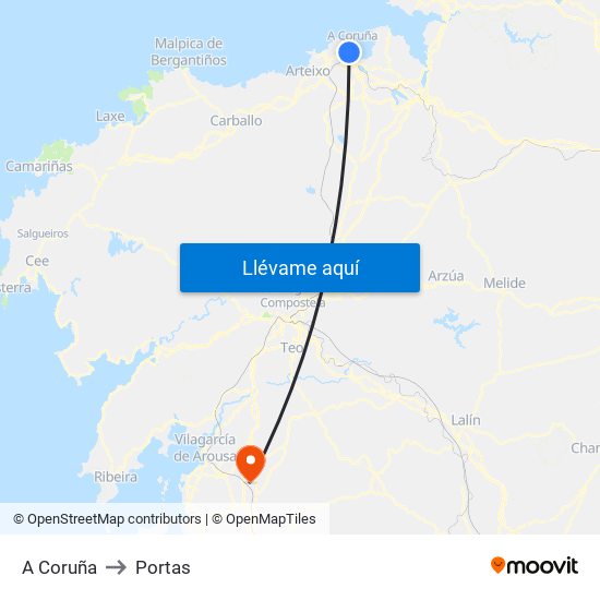 A Coruña to Portas map
