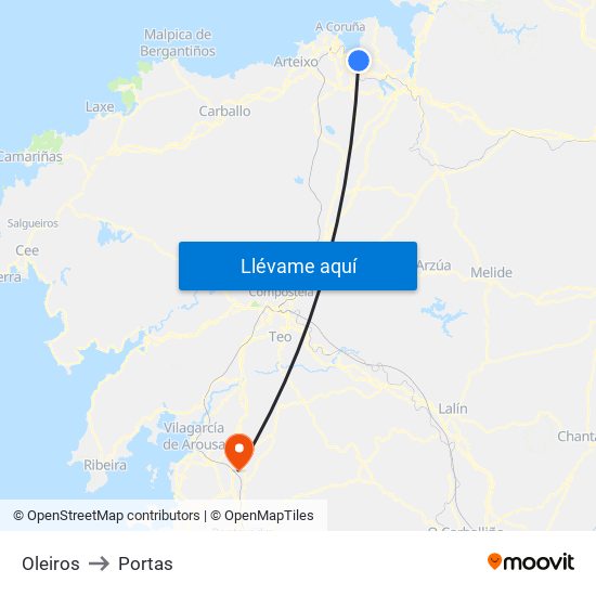 Oleiros to Portas map