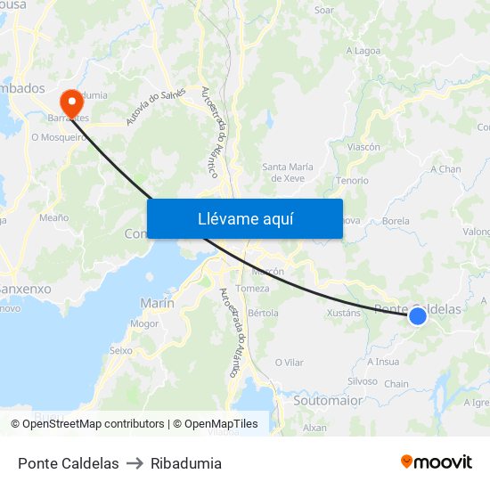 Ponte Caldelas to Ribadumia map