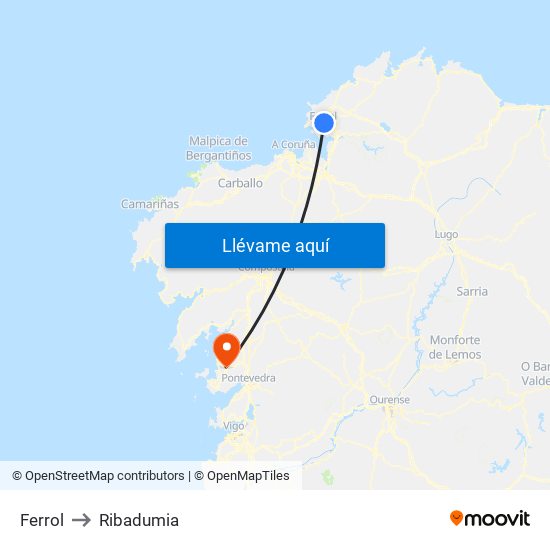 Ferrol to Ribadumia map