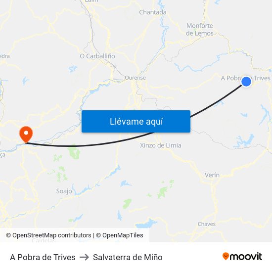 A Pobra de Trives to Salvaterra de Miño map