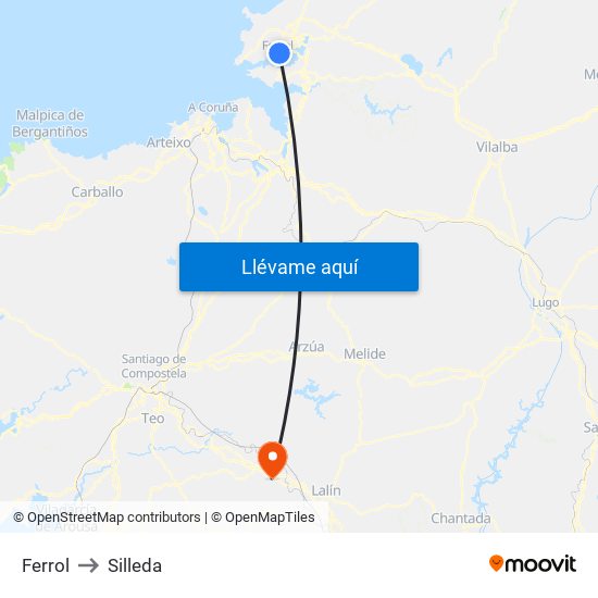 Ferrol to Silleda map