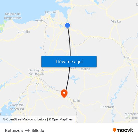 Betanzos to Silleda map