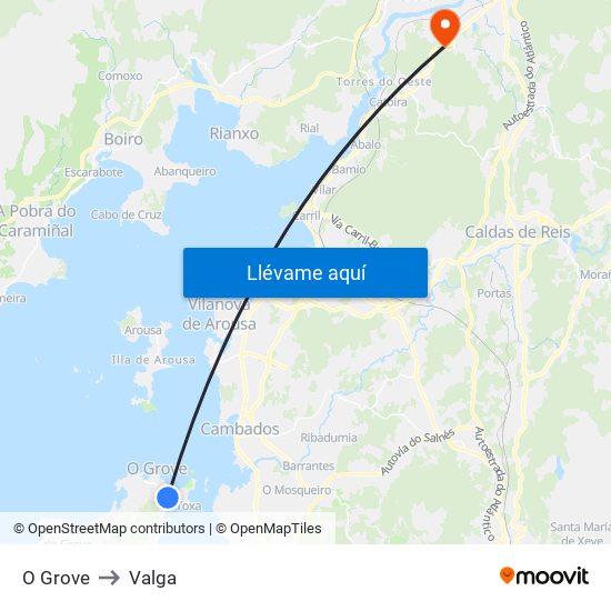 O Grove to Valga map