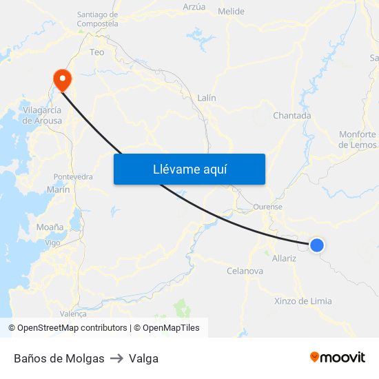Baños de Molgas to Valga map