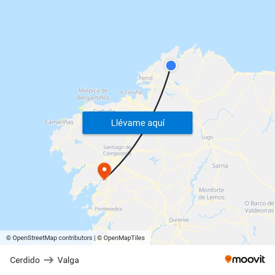 Cerdido to Valga map
