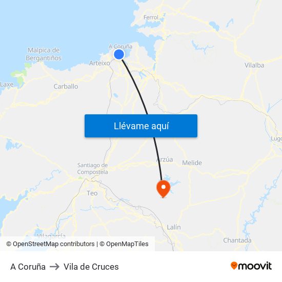 A Coruña to Vila de Cruces map