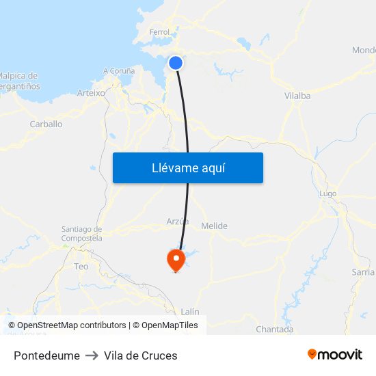 Pontedeume to Vila de Cruces map