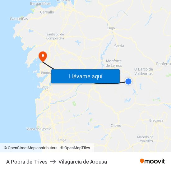A Pobra de Trives to Vilagarcía de Arousa map