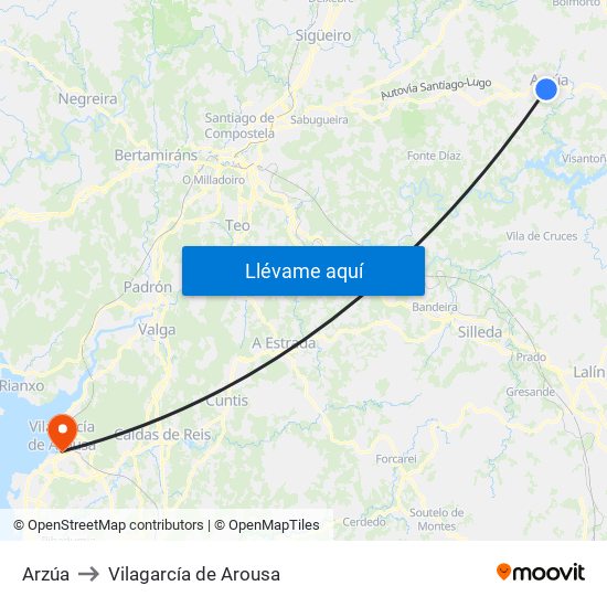 Arzúa to Vilagarcía de Arousa map